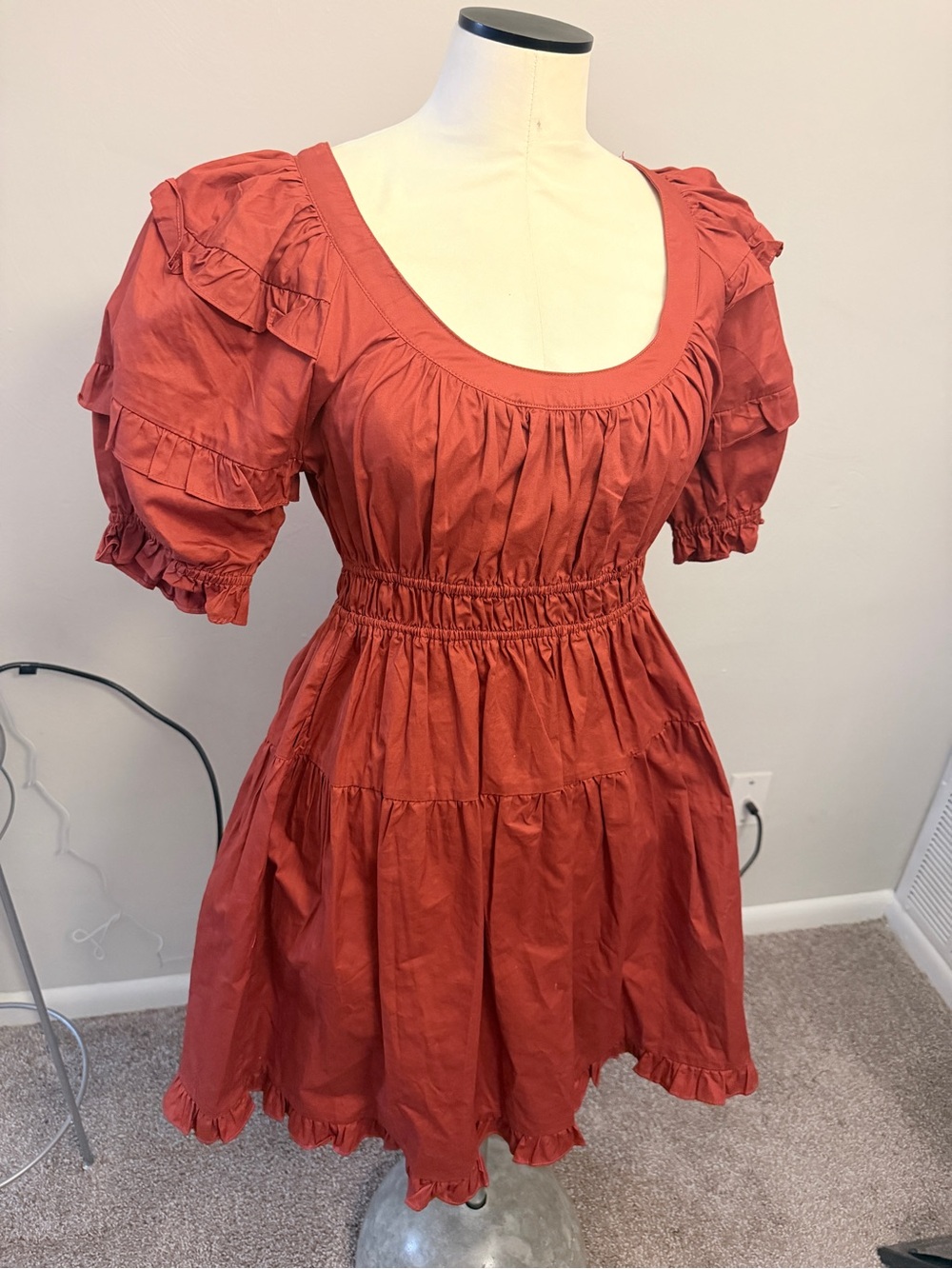 En Saison Rust Cotton Puff Sleeve Cottagecore Mini Dress Size Small - Picture 3 of 8